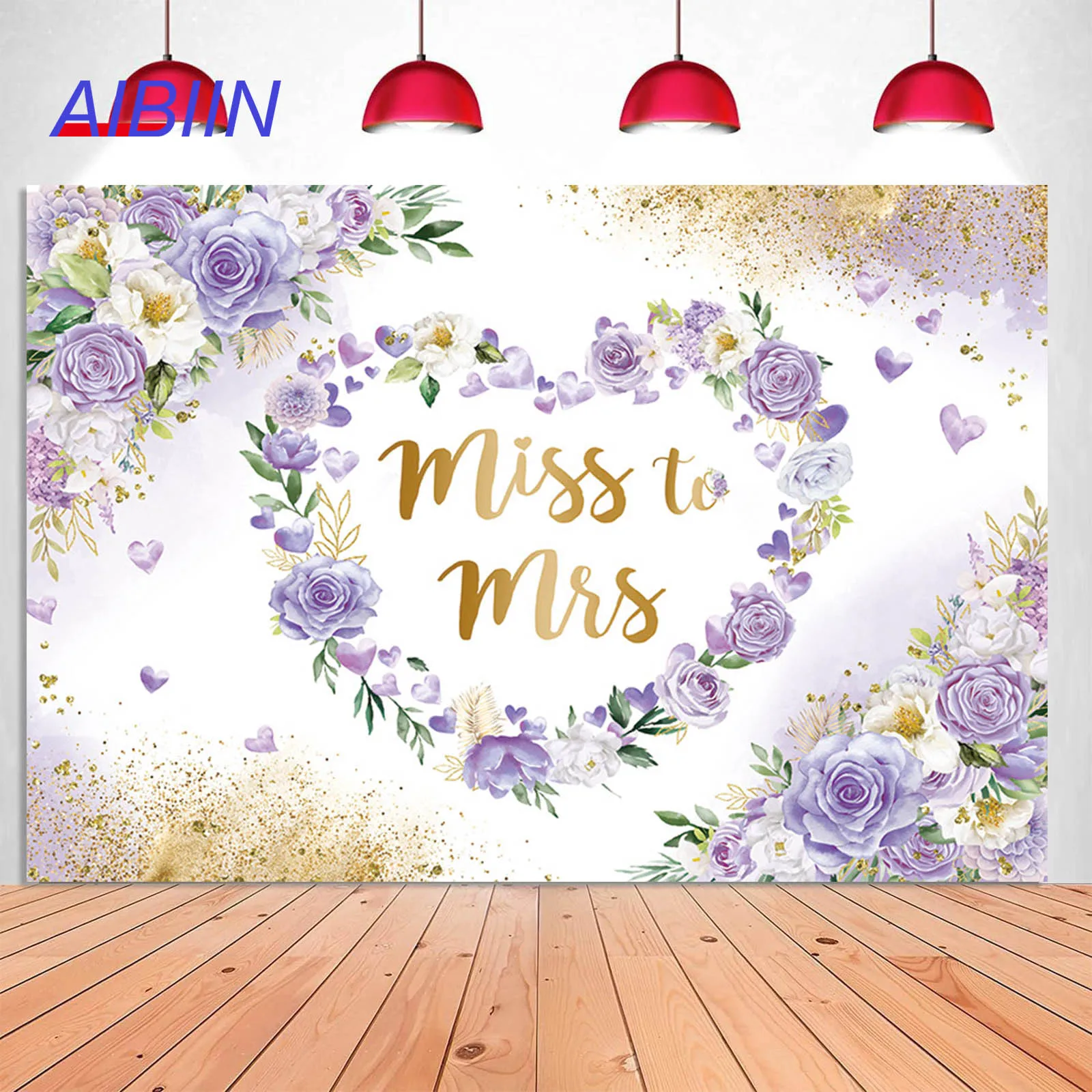 

AIBIIN Wedding Engagement Backdrop Bridal Shower Party Decorations Flowers Heart Gold Dots Miss to Mrs Photography Background