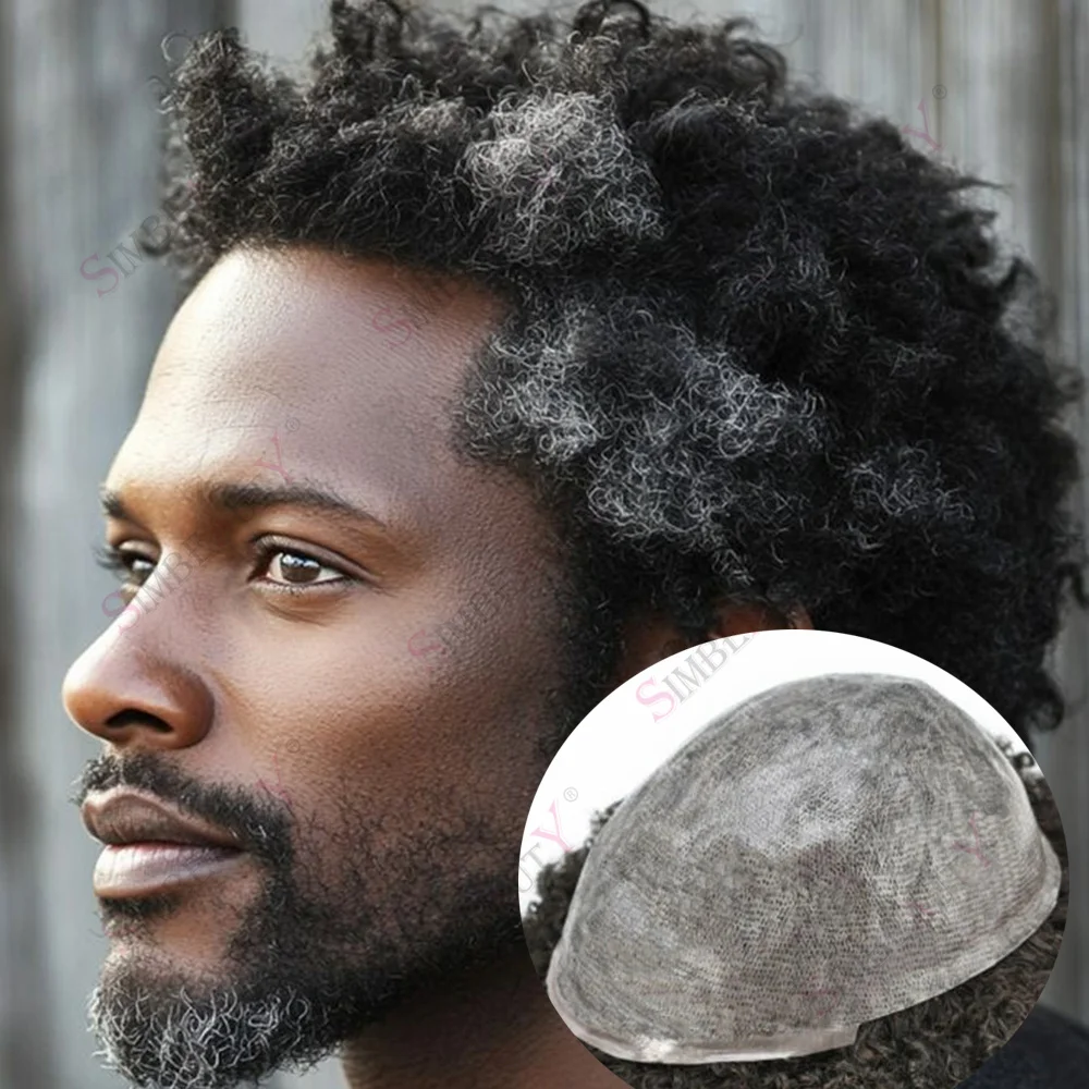 

Афро 6 мм Кудрявый завиток Шиньон Супер прочный полный PU Базовое плетение Мужской парик Серый 1B20 Блок замены человеческих волос в афро-американском стиле