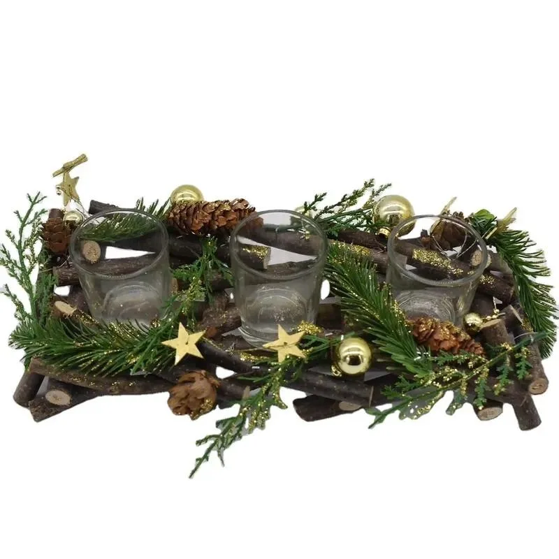 Traditional Christmas natural wood pine cone Christmas candlestick with three candlesticks