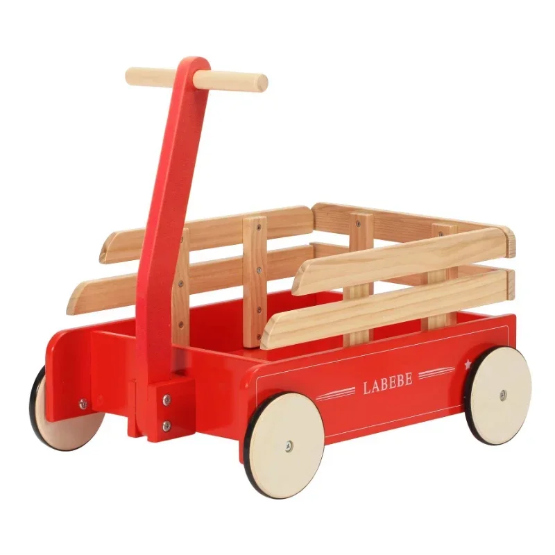 

Baby hand push toddler cartoon wooden children classic red transport vehicle O-leg-proof dual-use walker for children.