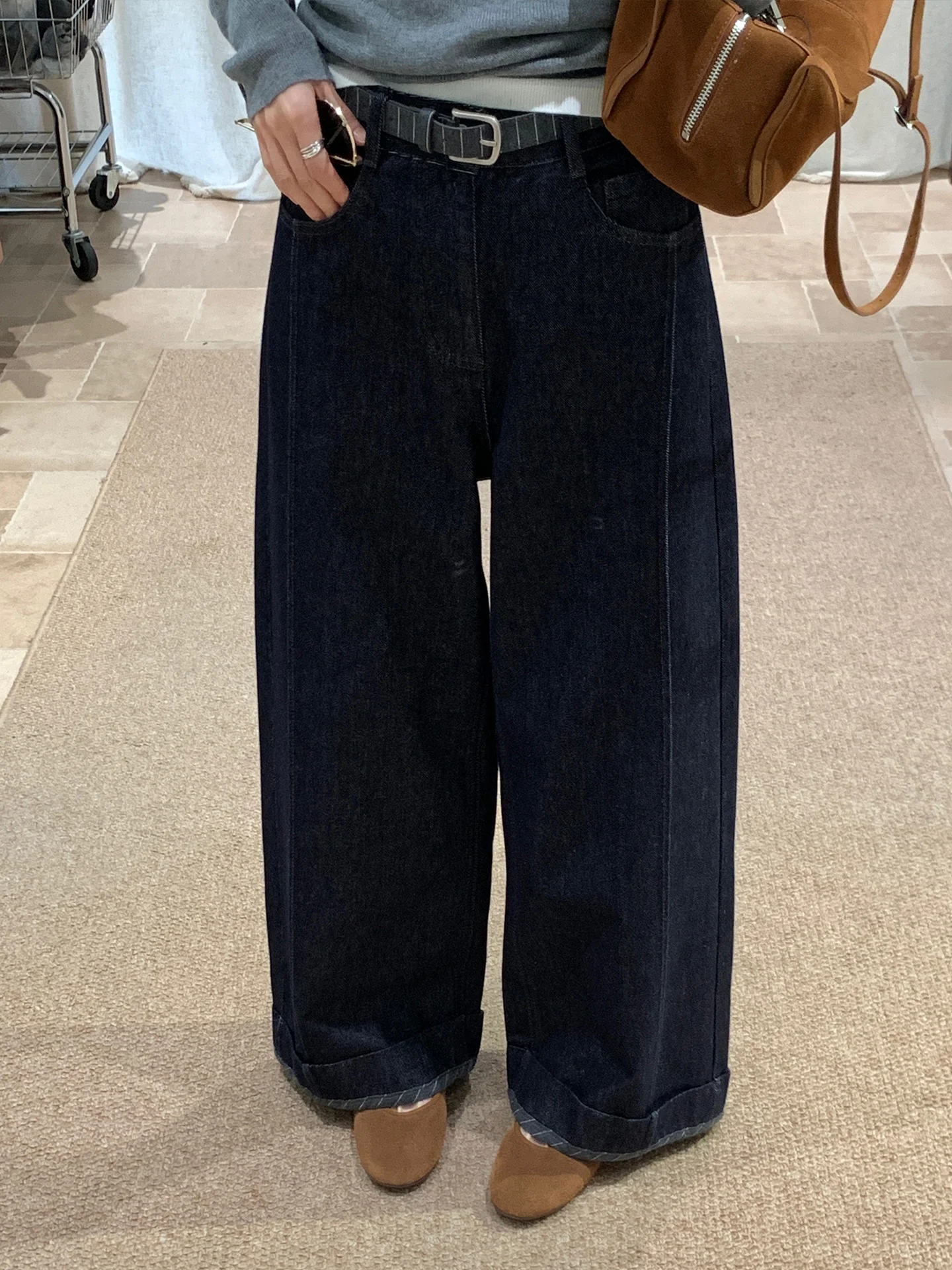 

Джинсы с высокой талией и широкими штанинами в корейском стиле для женщин, осенняя новинка, модные, стройнящие, универсальные, длинные брюки, слегка эластичные