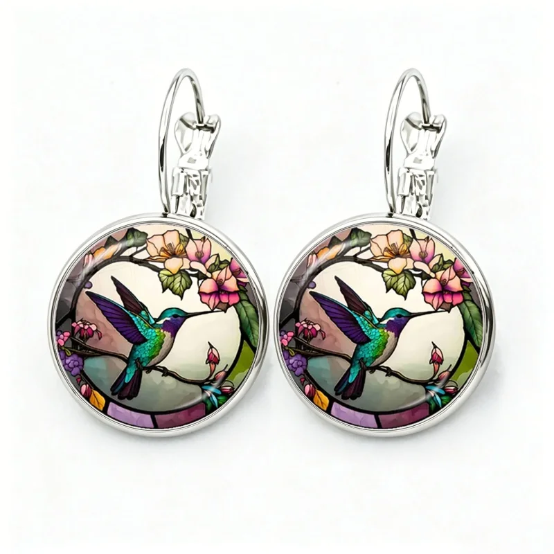 Cute Round Hummingbird Glass Cabochon Bird Rainforest French Hook Earrings Drop Earrings Jewelry Accessories Gifts