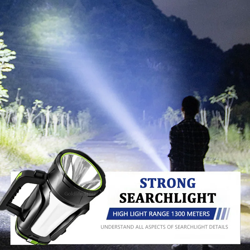 Powerful Rechargeable Searchlight LED Flashlight IPX6 Waterproof With Tail Light Bright Handle Spotlight For Camping Searching