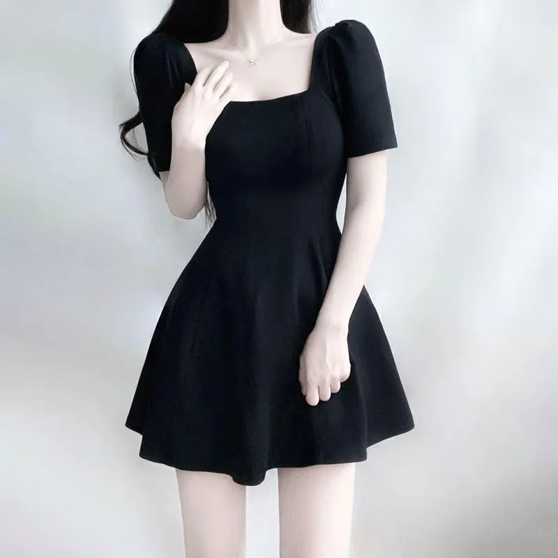 Black Waist-Cinching  Dress Women's Fashion Summer 2026 High-End Sensation Date Dress French Style Pure Color A-Line Skirt