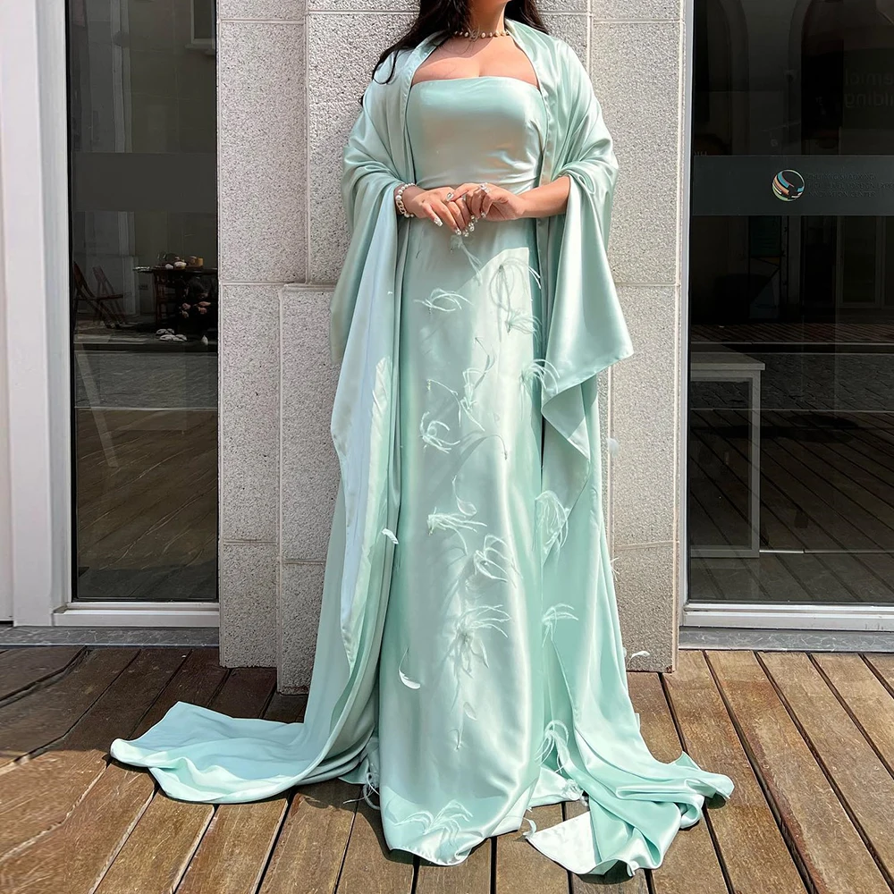 

Elegant Luxury Evening Dress 2024 shawl Satin Feathers Sweep Train Sleeveless Solid Color Boat Neck Pleats Bespoke Occasion Gown