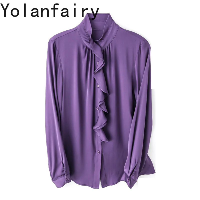 

YOLANFAIRY 91.8% Real Mulberry Silk Shirts for Women 2026 Elegant Long Sleeve Blouse Woman Soft OL Tops and Blouses Ruffled Edge
