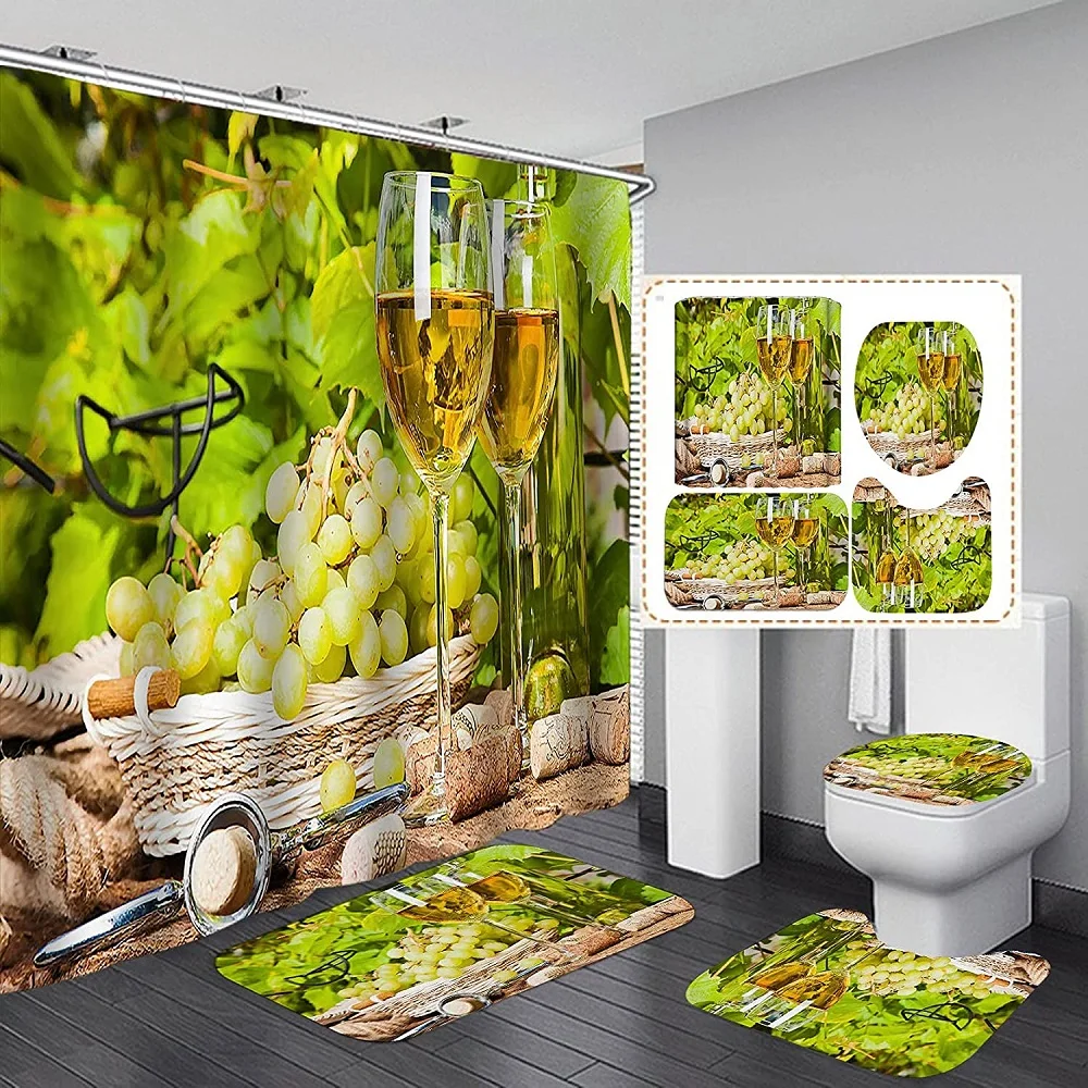 

Grapes Green Champagne Shower Curtain Set Non-slip Rugs Toilet Cover Bath Mat Glass Goblet Fresh Leaf Rural Scenery Bath Curtain