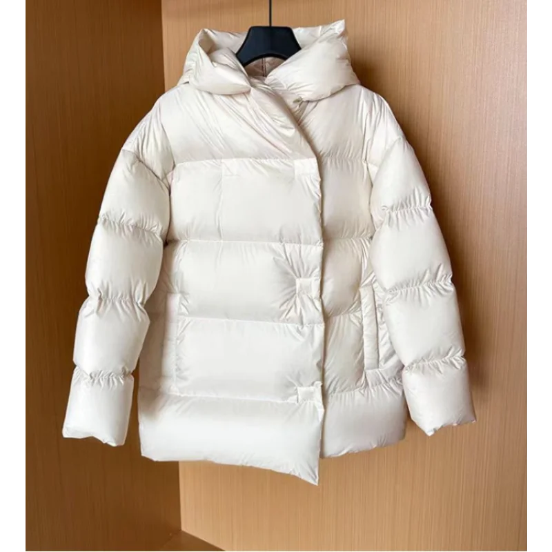 Mid-length Coats for Women, Loose Hooded Outerwear, Feather Coats, Casual and Simple, Korean Fashion, Winter, 2024