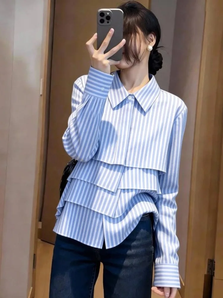 

Unique Blue Striped Loose Long Sleeve Women's Shirt Summer New Style Layered Design Slimming Versatile Casual Button up Top