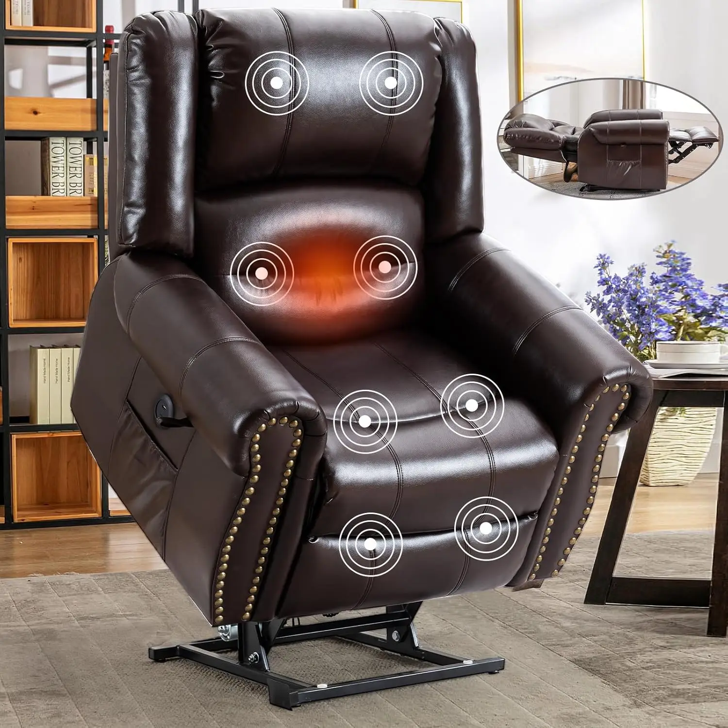 Dual Motor Lay Flat Lift Chairs Recliners for Elderly with Massage and Heat, Breathable Leather Infinite