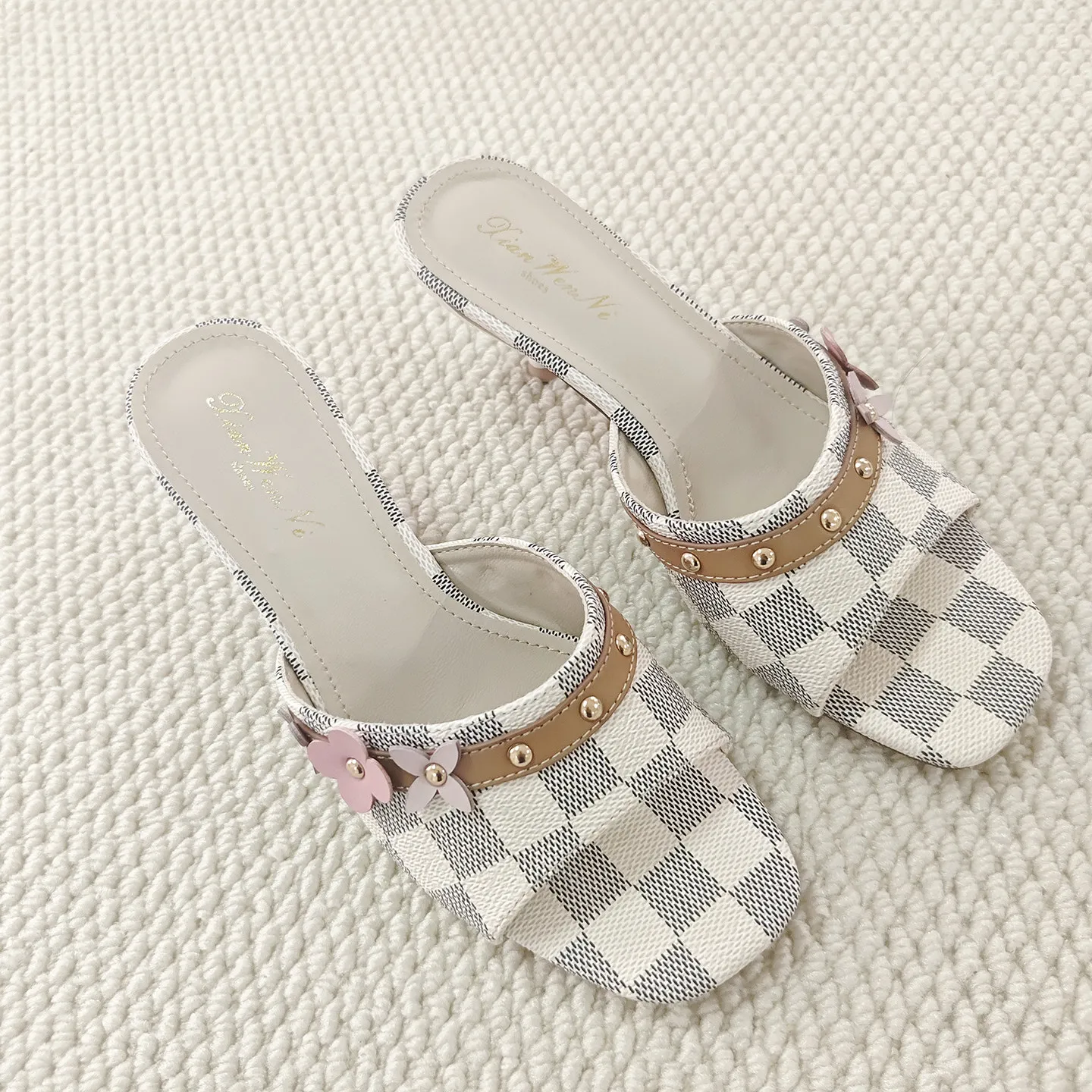 New plaid flower decoration fine heel open toe sandals for women's summer outdoor wear denim rivet high heels