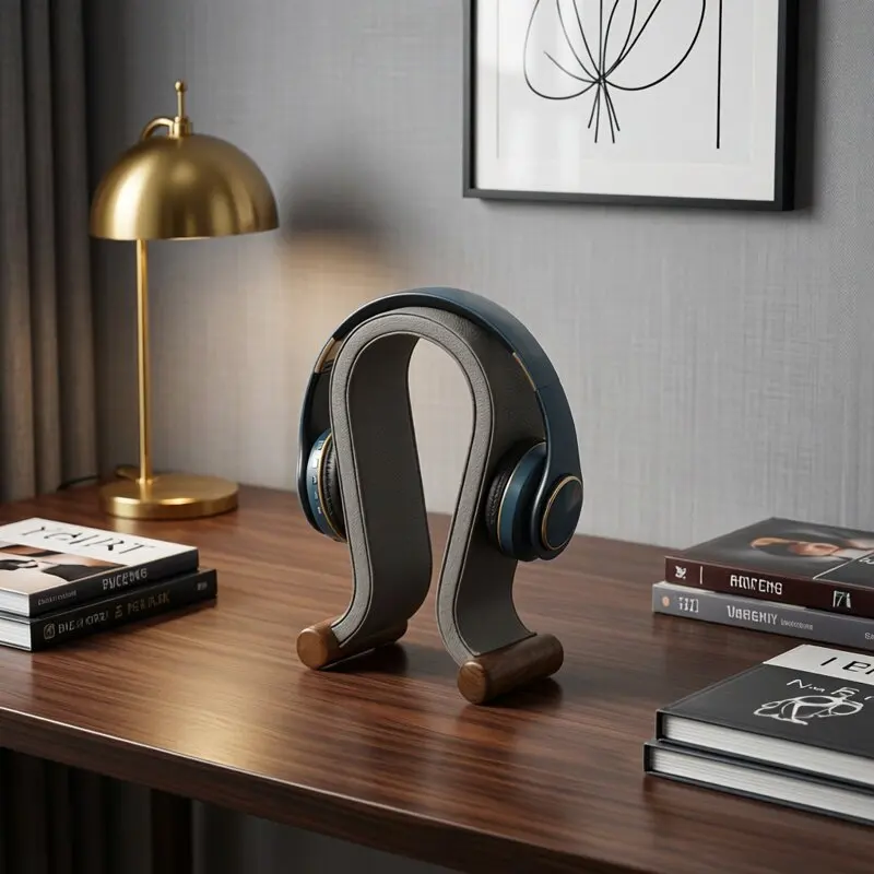 Walnut Wood Leather U‑Shape Headphone Stand, Solid Base Display Hanger for Computer Accessories