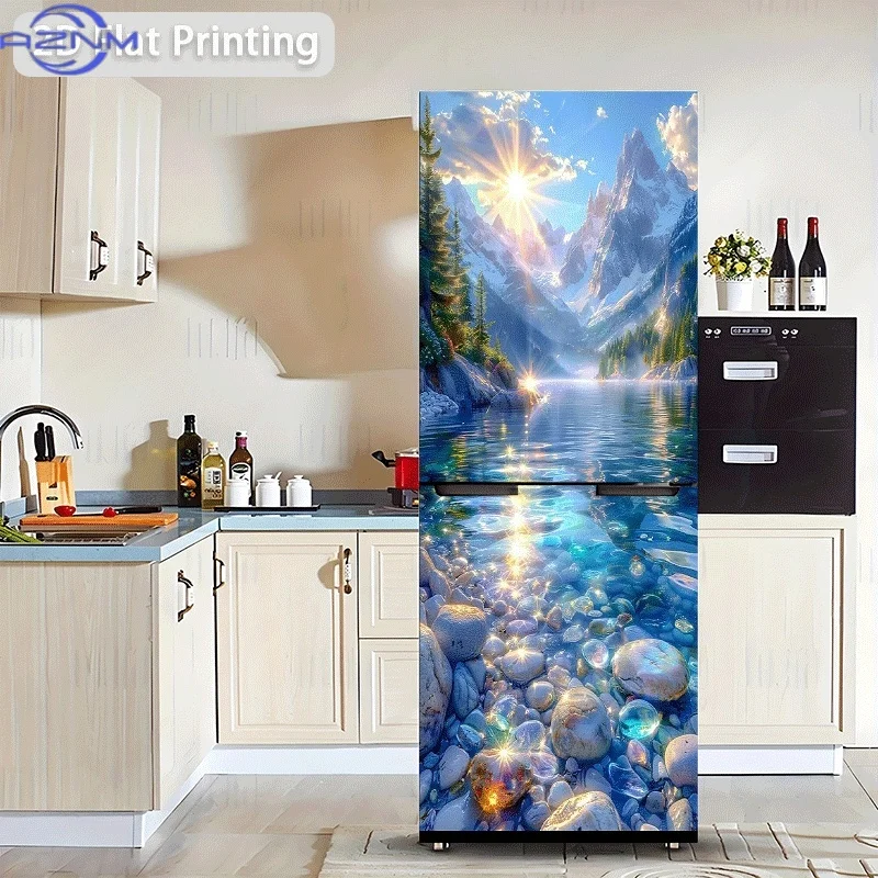 of Refrigerator Sticker Measuring 60X180 Cm Featuring a Theme Scene of a Lake in The Mountains with Sparkling Pebbles, Self-Ad view 2