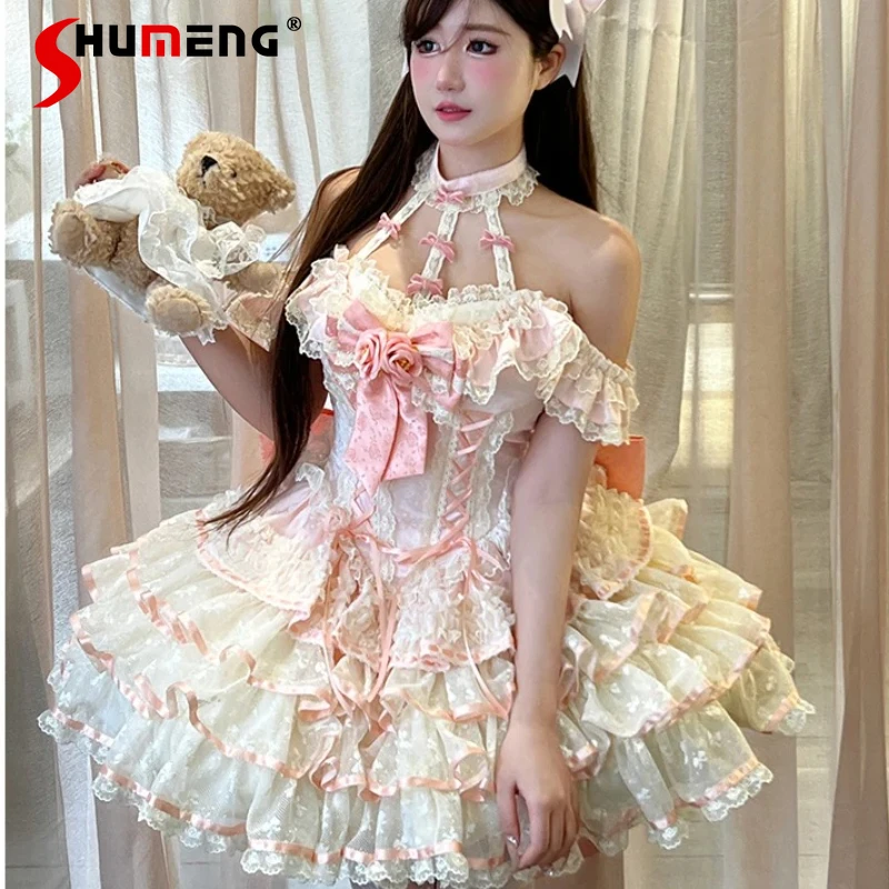 

Summer New Sweet Rose Flowe Pink Fairy Dress Women's Slim-Fit Elegant Lolita Halter Off Shoulder Birthday Dresses Jsk Vestido