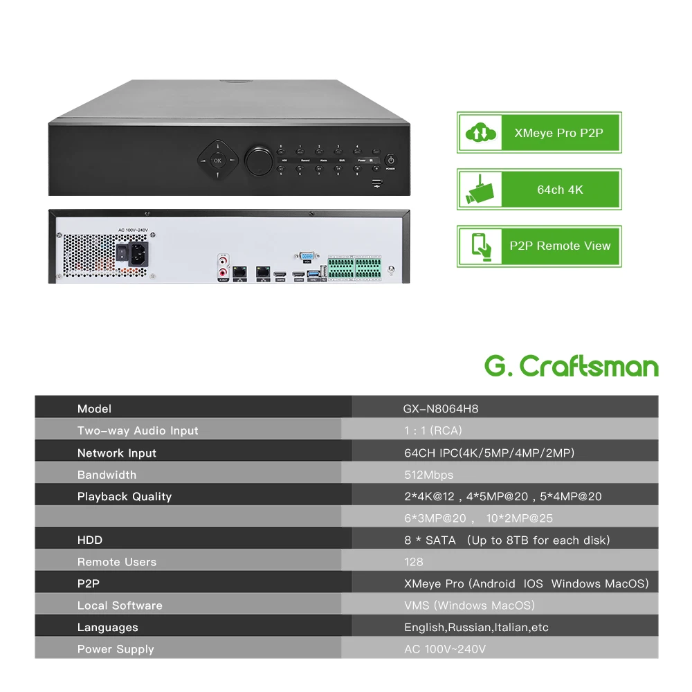 XMEYE Professional NVR 64ch 8MP/6MP/5MP/4MP 4K Register H.265 Onvif Network Video Recorder 8 HDD 24/7 Recording IP Camera