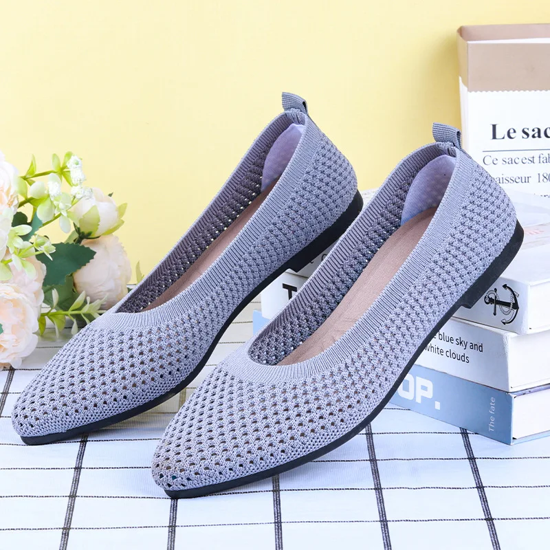 Women's Shoes New Solid Color Pointed Flat Bottom Mesh Soft Sole Single Shoe Casual Breathable Hollow Knitted Driving Shoes