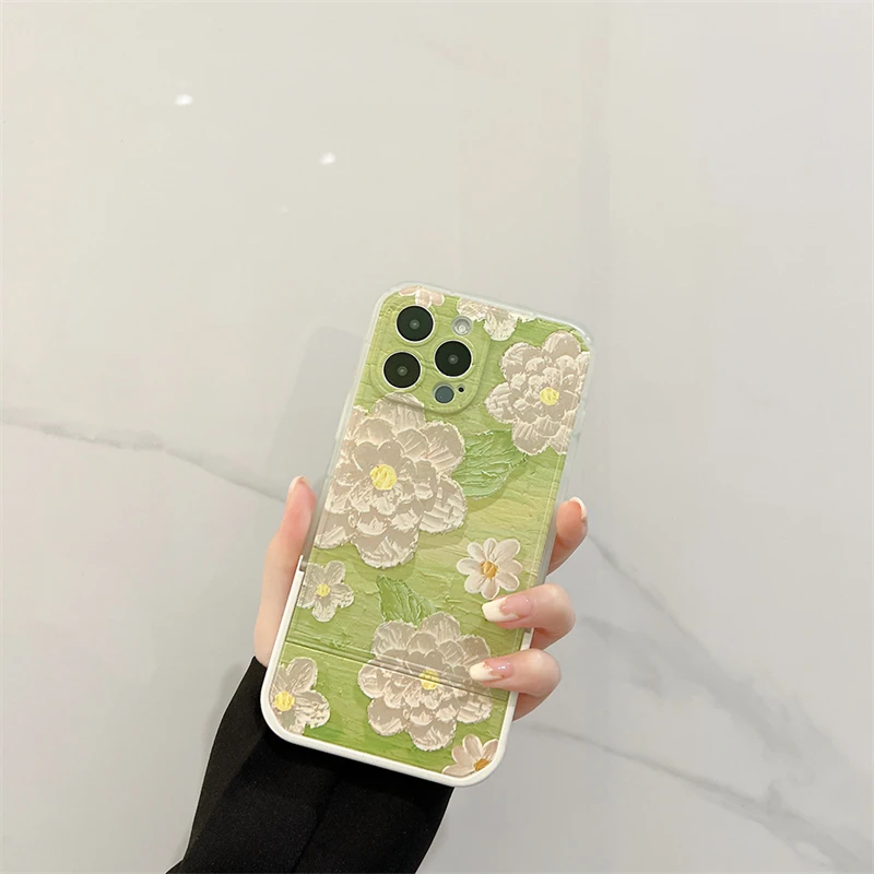 Green Oil Painting Flowers Phone Case for Iphone 15 14 13 Pro Max Painted Bracket Phone Covers Rose Light Luxury Back Case Funda