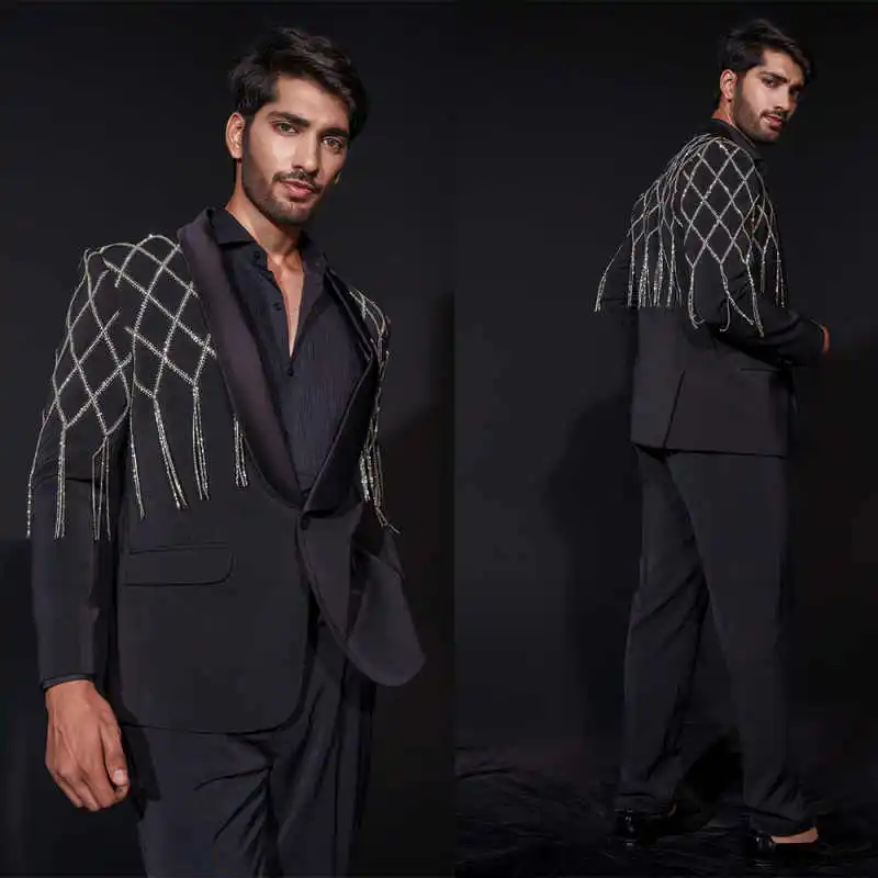 

Fashion 2 Pieces Men Wedding Tuxedos Shawl Lapel One Button Pant Blazers Chain Crystals Formal Occasion Customized