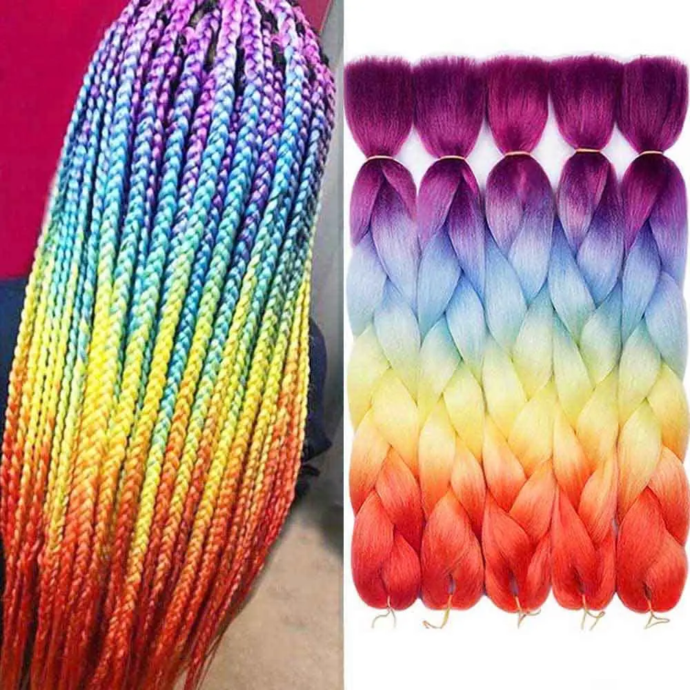 Cabelo Sintético de 24 Polegadas com Efeito Ombré Arco-Íris para Tranças Jumbo, Extensões de Cabelo para Tranças Box Gigantes, Cabelo para Tranças de Crochê para Cosplay para Mulheres