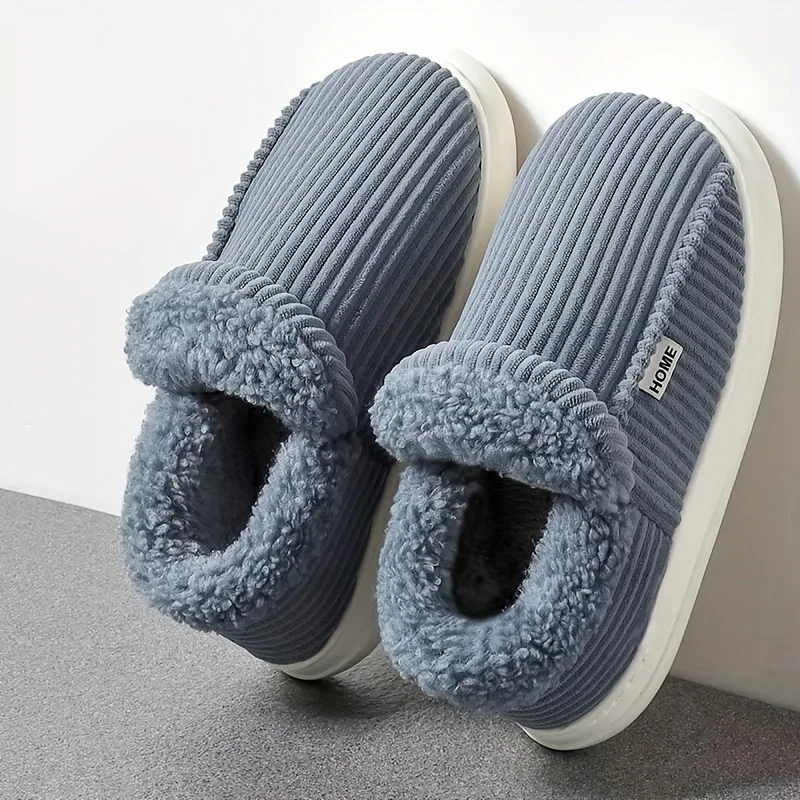 Plus Size 48-49 Winter Solid Wrap Heels Men Plush Slippers Non-slip Warm Women Furry Slipper Couple Style Home Cotton Shoes