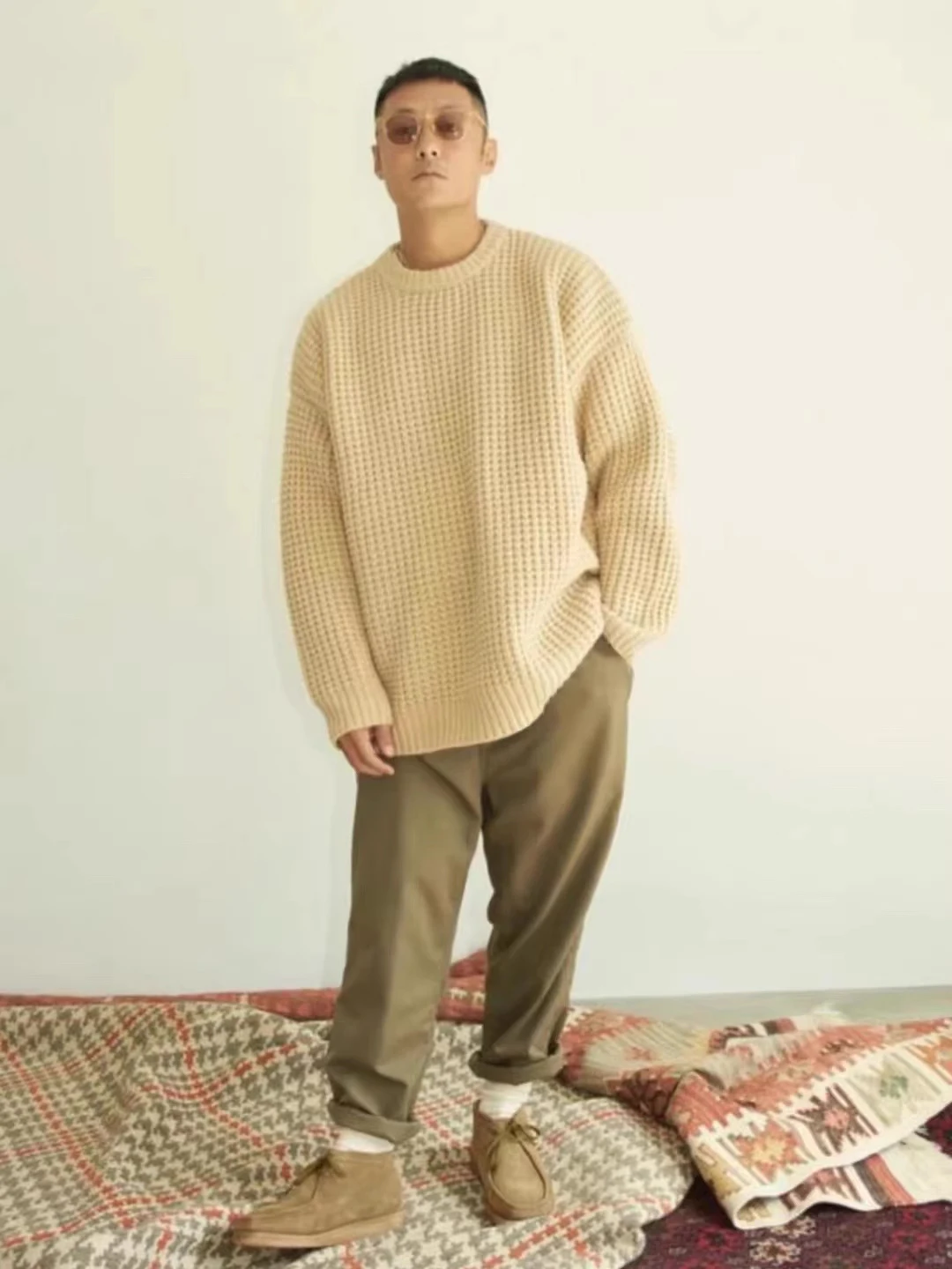 

MADN Wafle Knit Sweater Wool Blend Knitted Winter Youth Casual Long Sve round Ne Thiened Leisure Loose Fit Hoodie