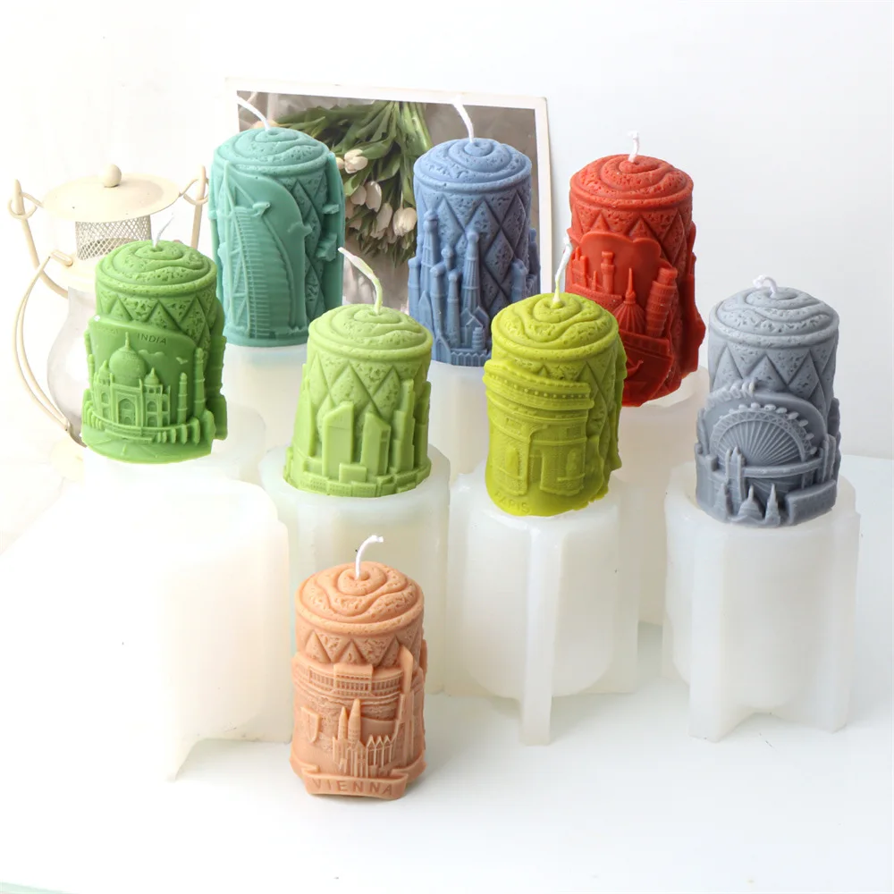 3D World Famous Architecture Relief Candle Silicone Mold DIY Landmark Building Sculpture Carving Column Plaster Candle Mould