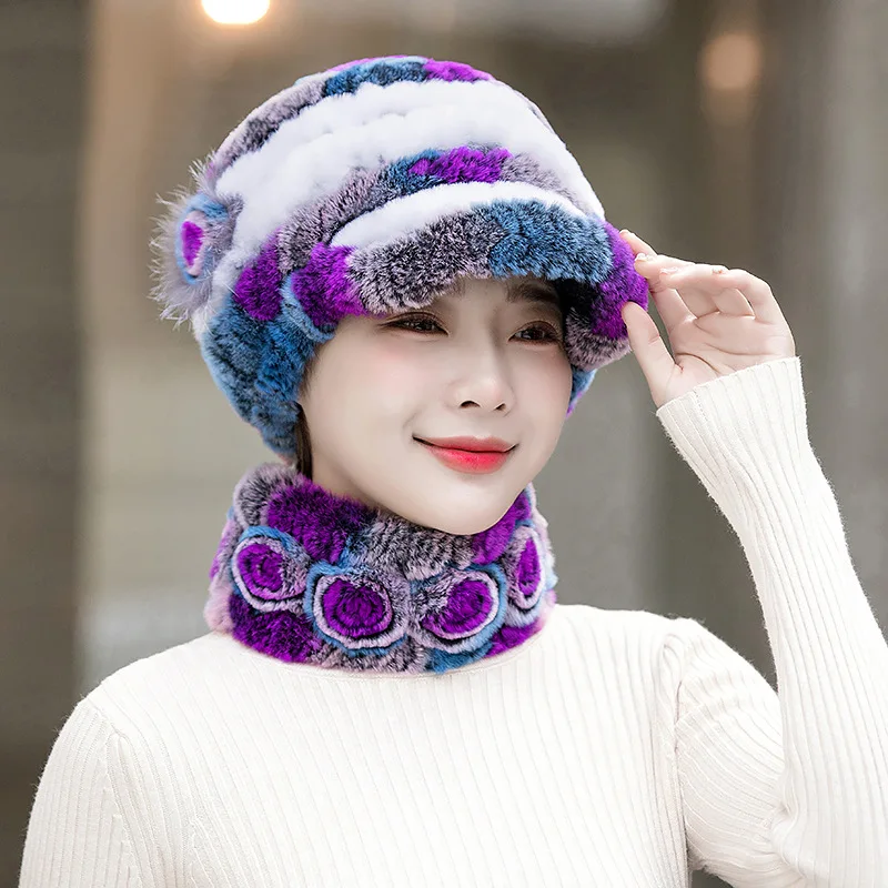 New Women Winter Knit Real Rex Rabbit Fur Hat Scarf Sets Natural Warm Fur Cap Scarves 2 Pieces Girl Quality Real Fur Hat Muffler