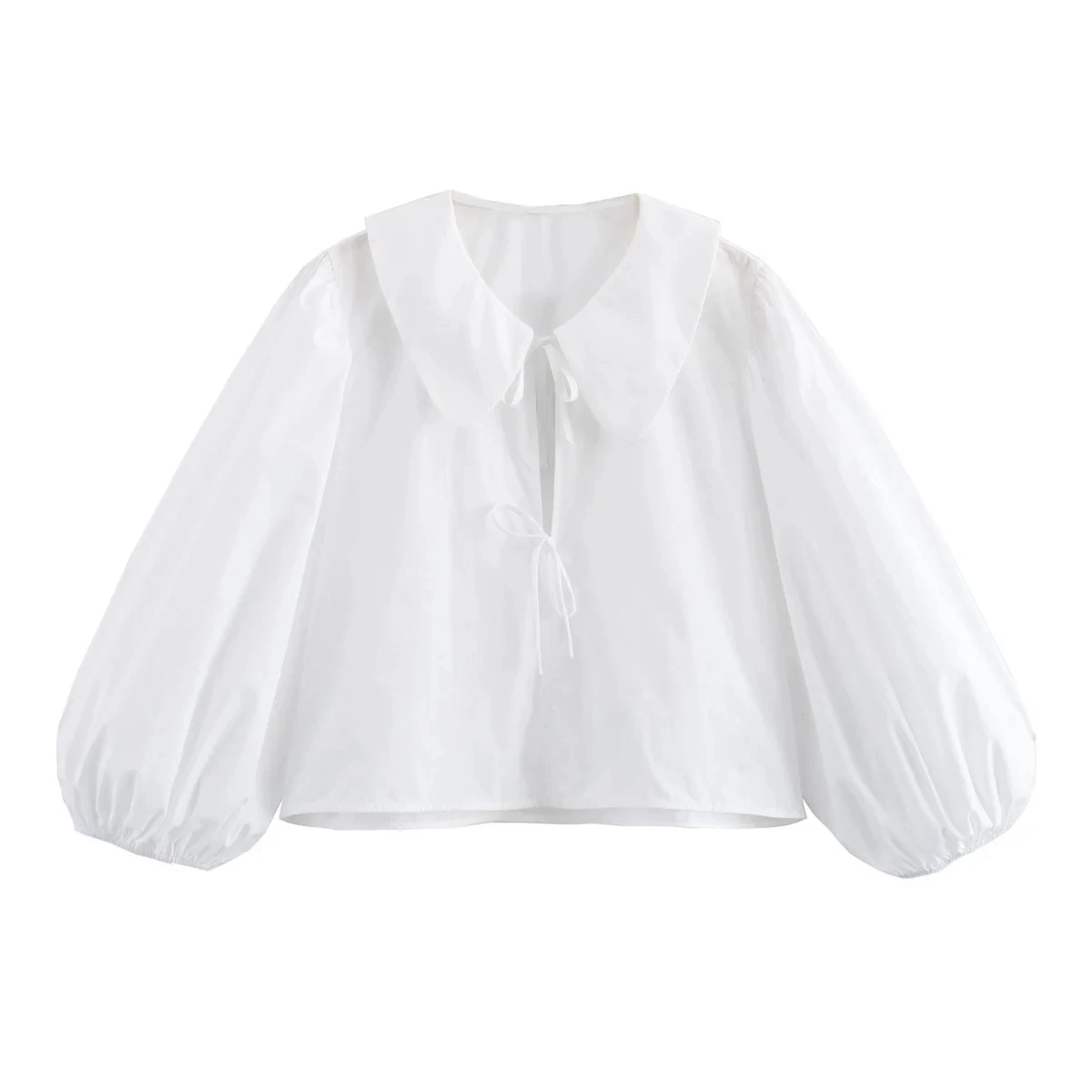 TRAF White Crop Top Women Bowknot Cut Out Summer Blouses Woman Puff Sleeve Elegant Blouses Pleated Streetwear Cropped Blouse