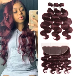 Body Wave Human Hair Bundles With Frontal RedWine 99J/Burgundy Colored Hair Weave Bundles With Closure Brazilian Remy Hair