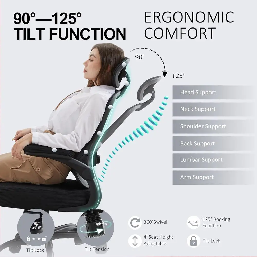 Ergonomic High-Density Office Chair with Adjustable Lumbar Support, Headrest, and Rocking Feature, Flip-Up Arms, Mesh Design for