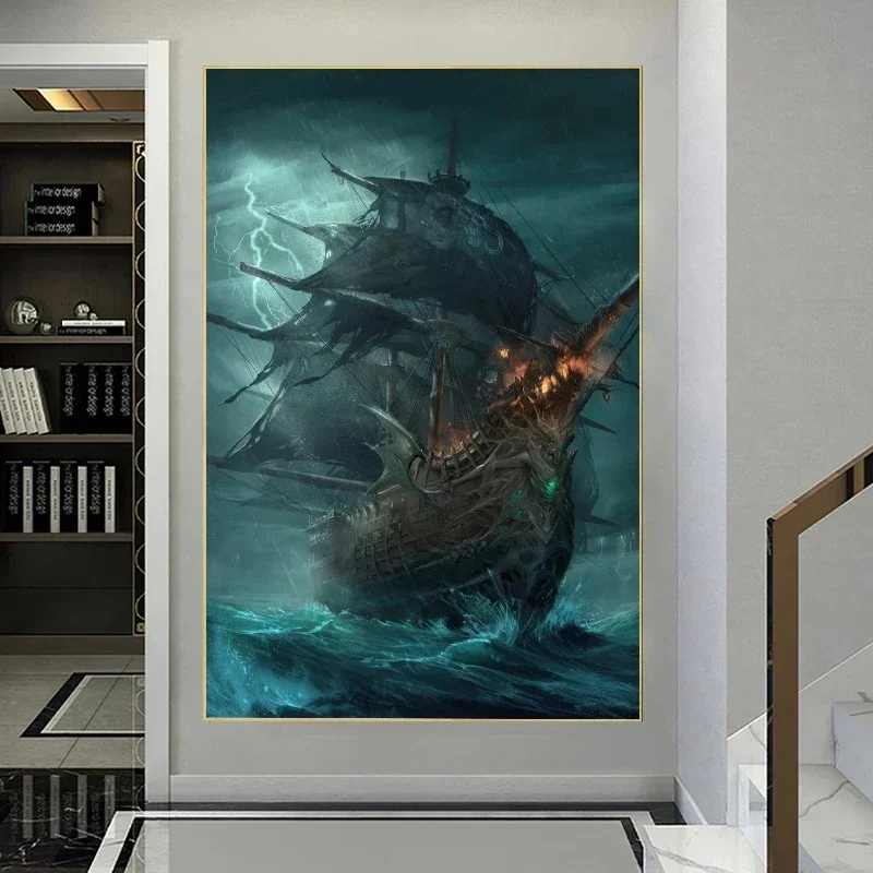 Sailboat Pirate Ship Sea Storm Landscape Vintage Posters Canvas Painting Wall Art Print Picture for Living Room Home Decoration