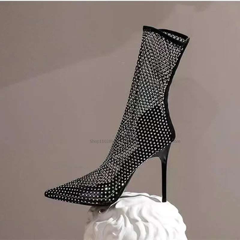 

Black Hollow Mesh Bling Pointed Toe Boots Over The Knee Slip On Women Shoes Thin High Heels Novel Sexy 2026 Zapatos Para Mujere