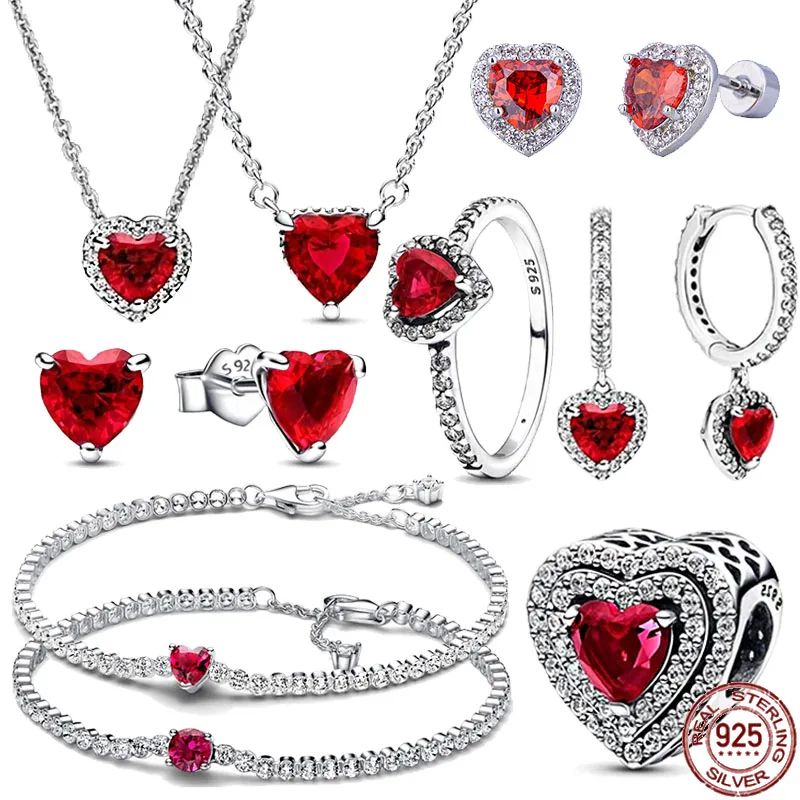 Classic Red Heart shaped Jewelry 925 Sterling Silver New Exquisite Luxury Charm Ring Necklace Bracelet fit DIY Anniversary Gift