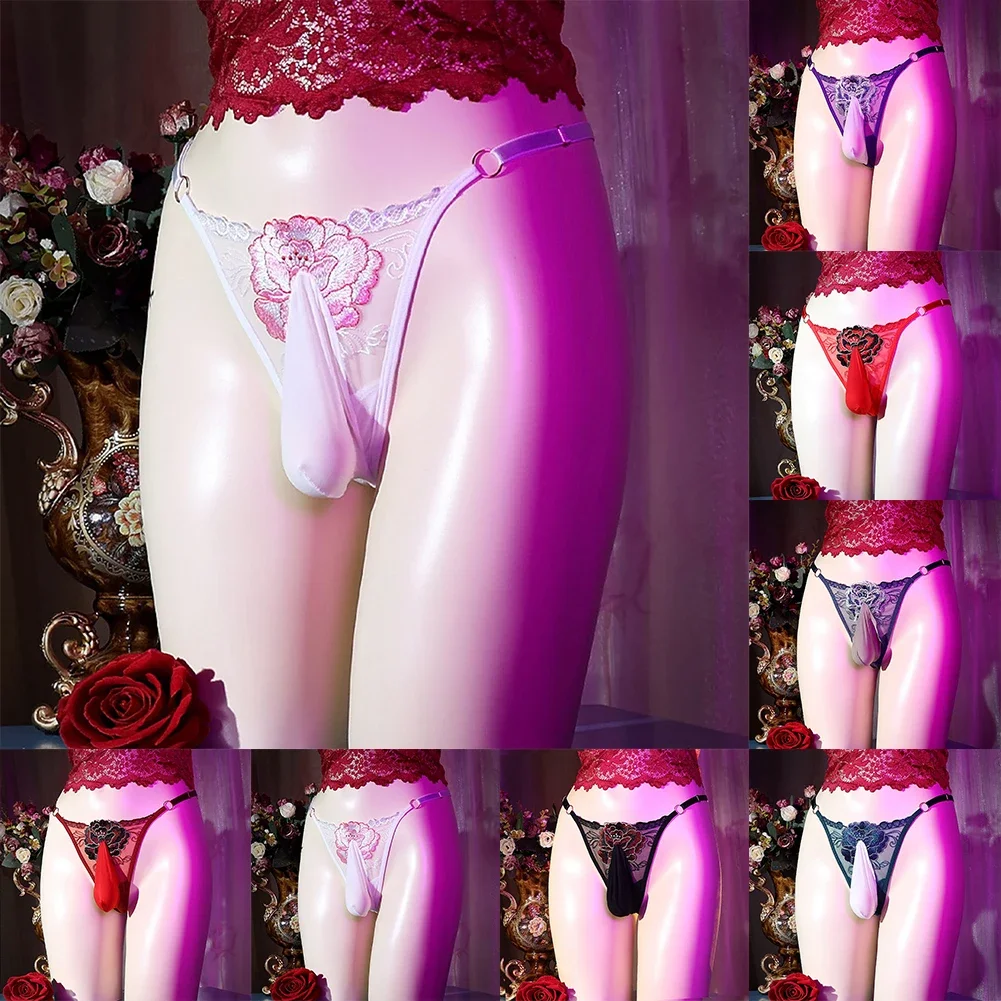

Men Mesh Low Waist Thongs See Through Color Lingerie Erotic Hombre Briefs Bulge Pouch Panties Embroidered G-String Underwear