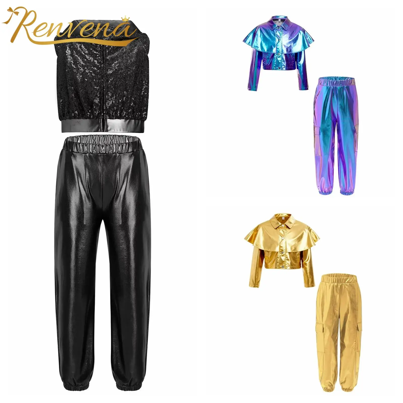 Kids Girls Jazz Dance Stage Performance Outfit Hip-Hop Clothing Sets Metallic Jacket with Pants Children Disco Street Dancewear