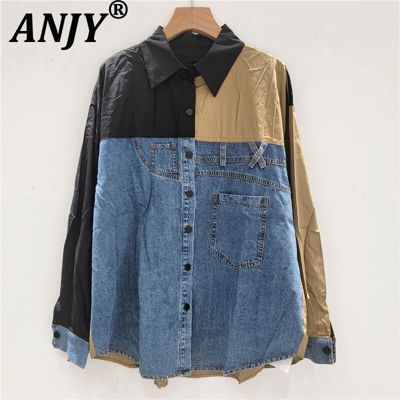 

ANJY Autumn New Women Streetwear Trendy Long Sleeve Denim Patchwork Contrast Color Single Breasted Asymmetric Casual Shirt A7956