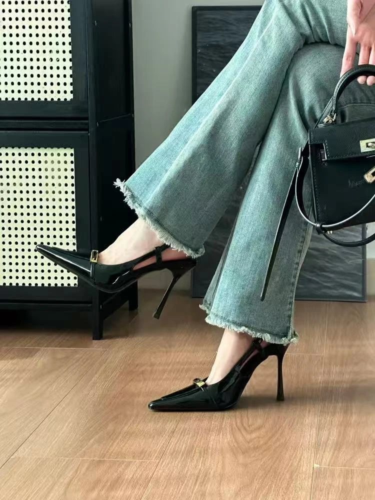 

Women Patent Leather Slingback High Heels Pointed Toe Metal Buckle Stiletto Heel Pumps Elegant Office Party Dress Shoes Women