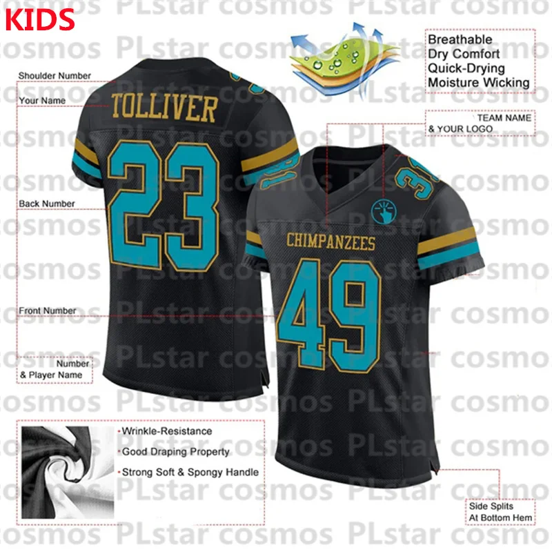 Custom Black Teal-Old Gold Mesh Authentic Football Jersey 3D Printed Kids Football Jersey Boys Tops Girl Tees