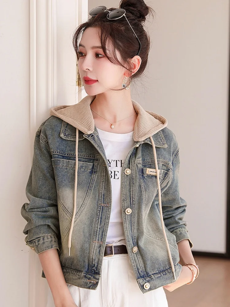 

Hong Kong Sle ort Denim Jaet Women's Color Blo Loose Slimming Faionable Hooded Top Button ket Detail Regular Fit