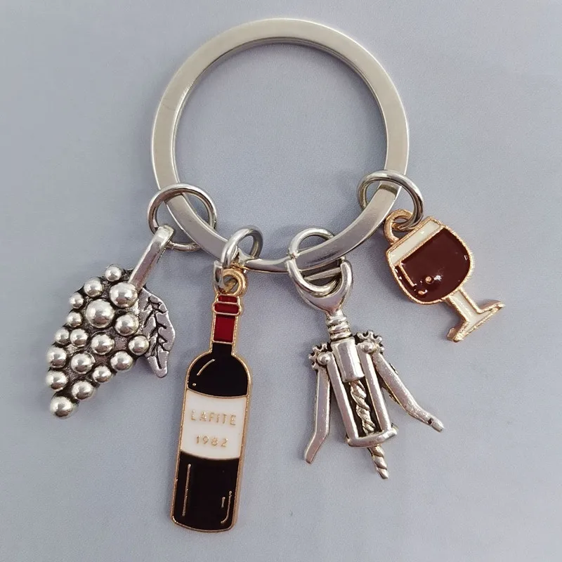 Metal Enamel Keychain Grape Red Wine Glass Cup Bottle Opener Key Ring Bar Key Chains For Women Men DIY Handmade Jewelry Gifts