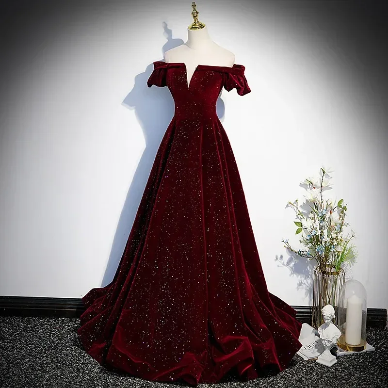 One-shoulder Wine Red Velvet Evening Dress Female Slim Waist Temperament Slim Waist Wedding Party Vestidos Elegant Prom Dresses