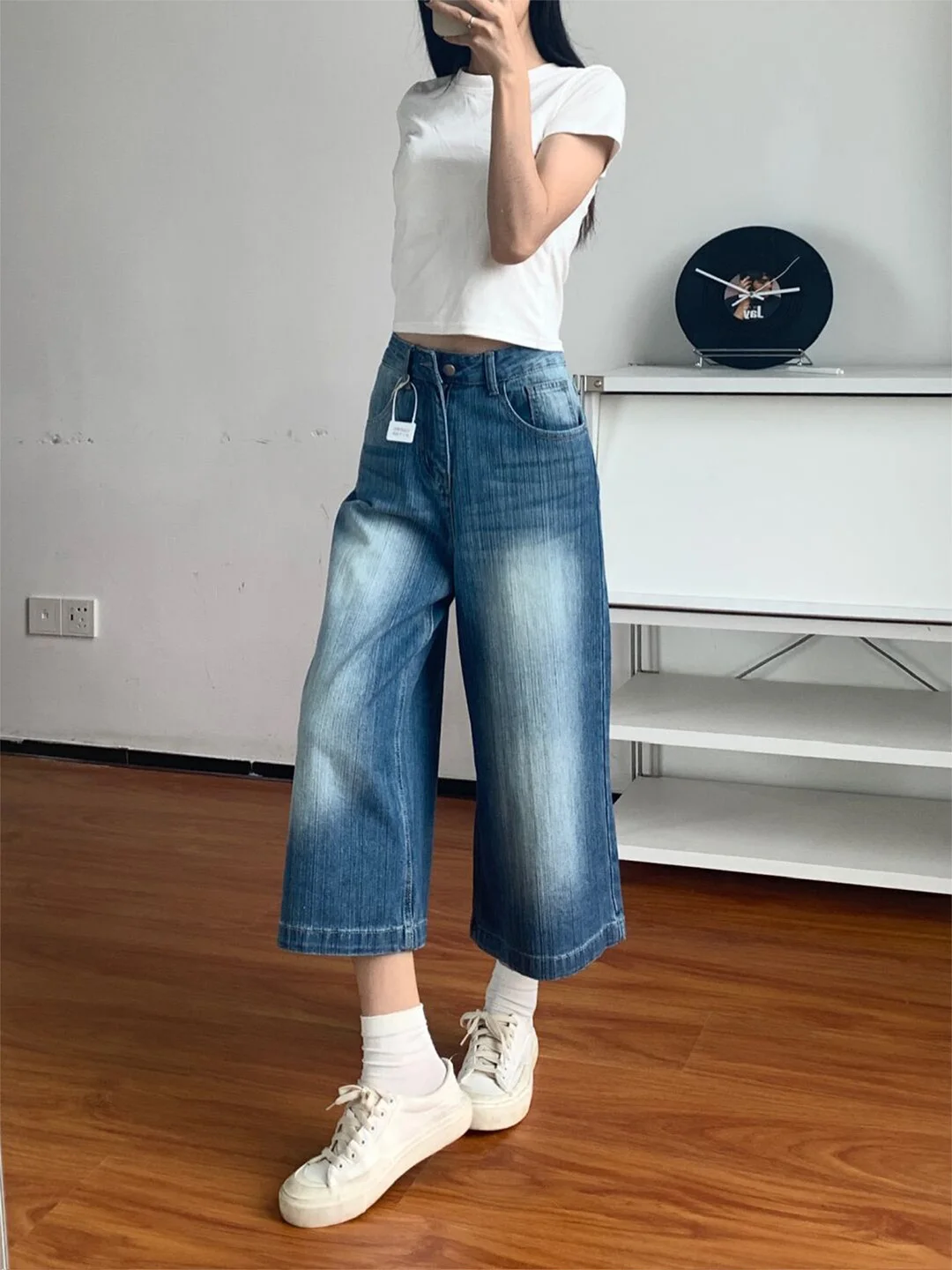 

Loose American Style Women's Jeans High Waist Wide Leg Pants Straight Cut Washed Denim Spring Summer New Arrival