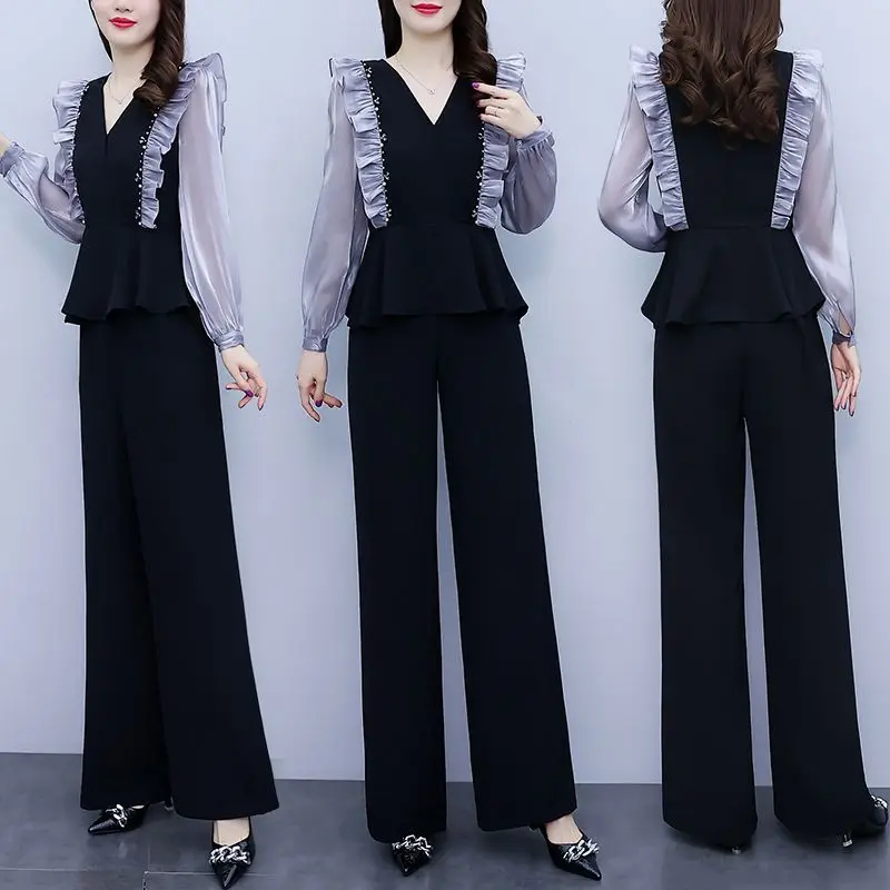 Élégant ensemble de pantalons surdimensionnés pour femmes, haut patchwork à volants et pantalon à jambes larges, tailleurs-pantalons féminins, nouvelle mode, printemps 2024, 2 pièces