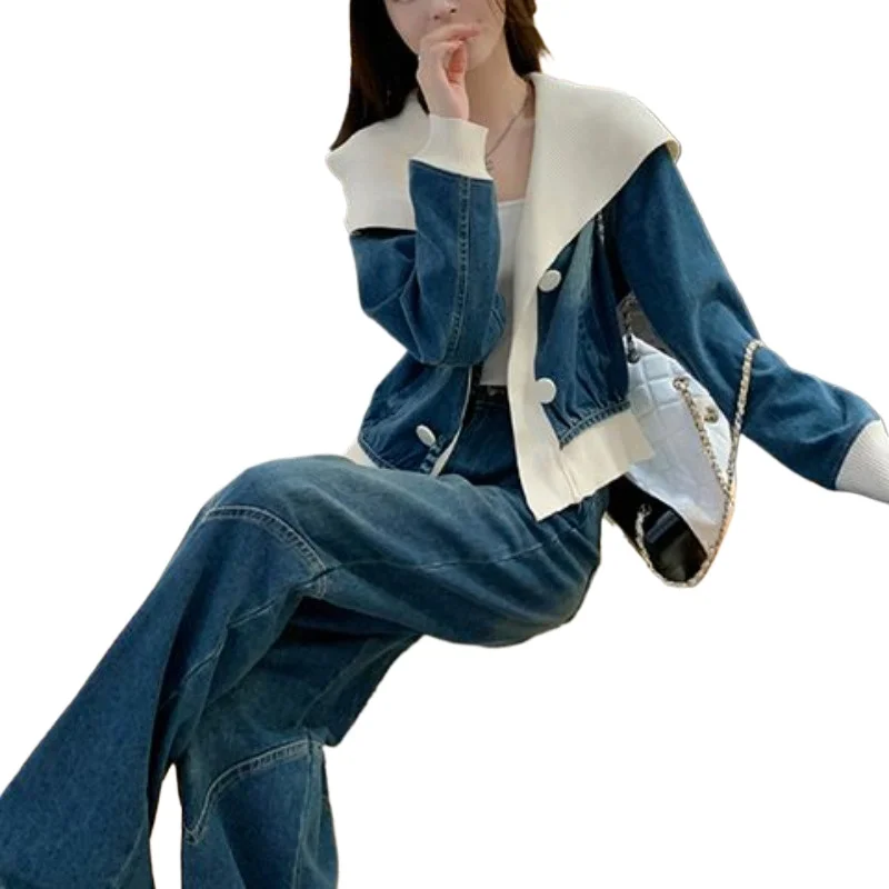 Autumn Winter High-end Suit New Fashionable and Foreign Korean Age-reducing Denim Jacket and Wide-leg Pants Two-piece Trendy Set