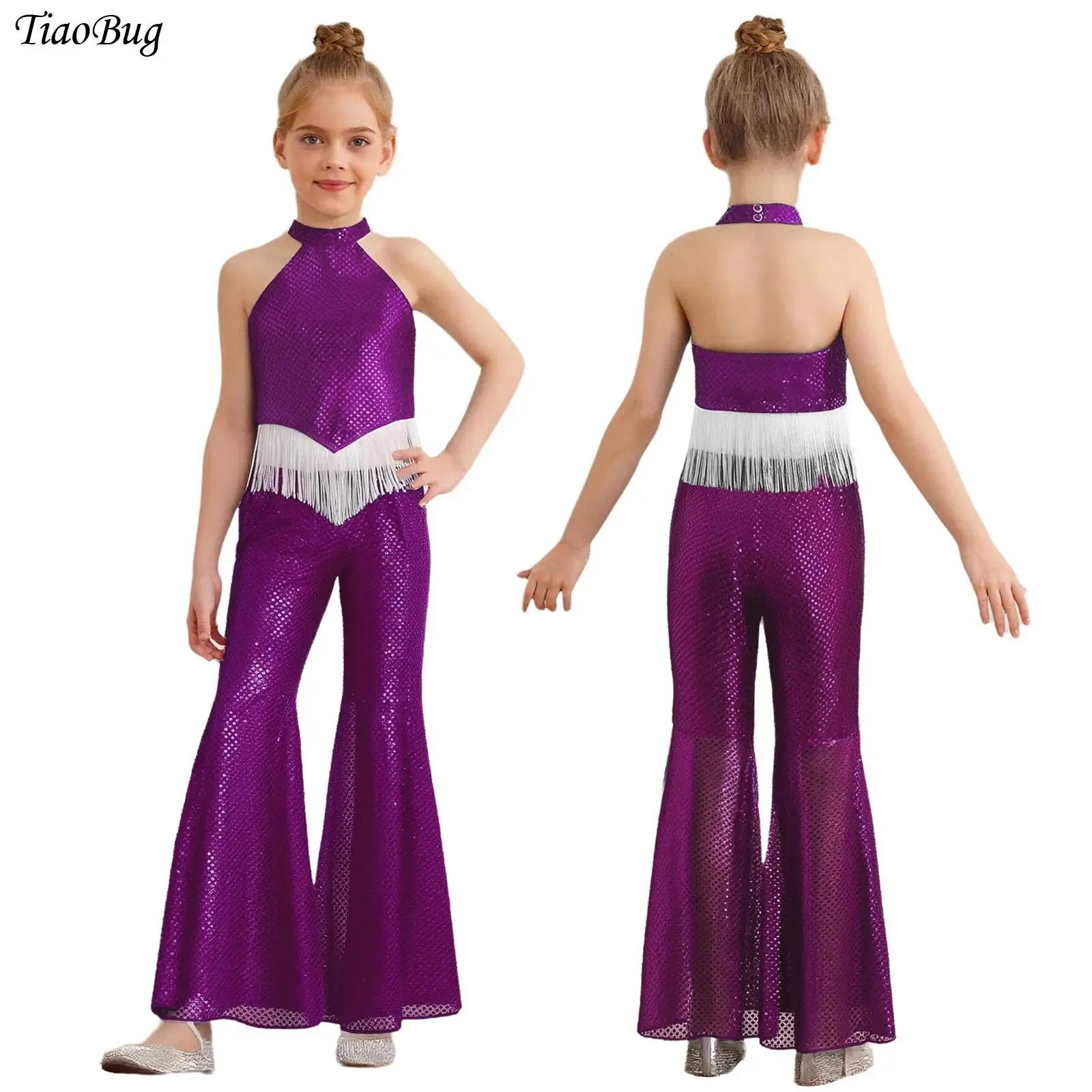 

Girls Jazz Dance Costume Halter Sleeveless Backless Irregular Hem Sequins Tassel Crop Top with Bell-Bottom Pants Disco Dancewear