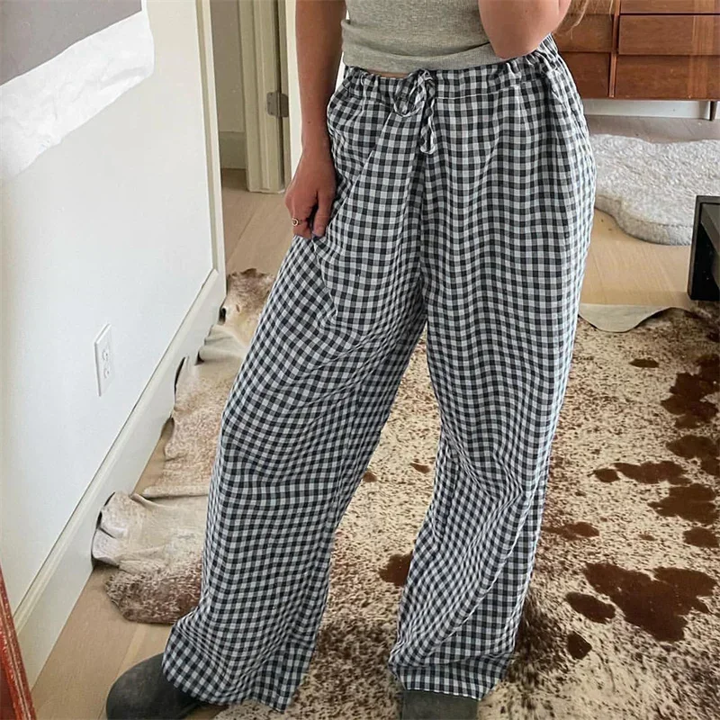 y2k Lounge Pants 2000s Clothes Women Plaid Print Drawstring High Waist Loose Trousers with Pockets 2000s Clothing Streetwear