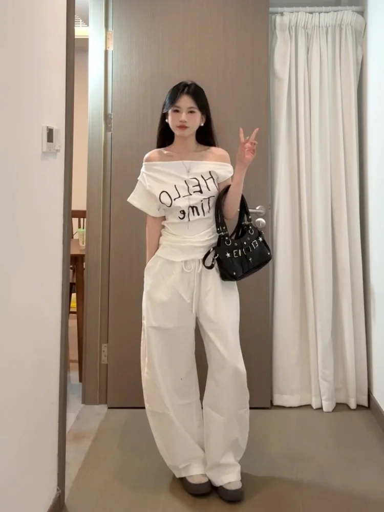 Sweet And Spicy American Sle Women's White oulder Slip Knot ort Sve T-irt Korean Slim Fit Letter Print Summer Top