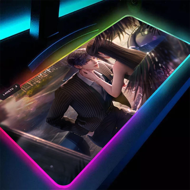 Alfombrilla de ratón para Gamer, alfombrilla para teclado LED PC Love And Deepspace Rafayel, alfombrilla para ratón de escritorio, Tapis de goma para Souris Gaming RGB, alfombrilla para ratón de Notbook