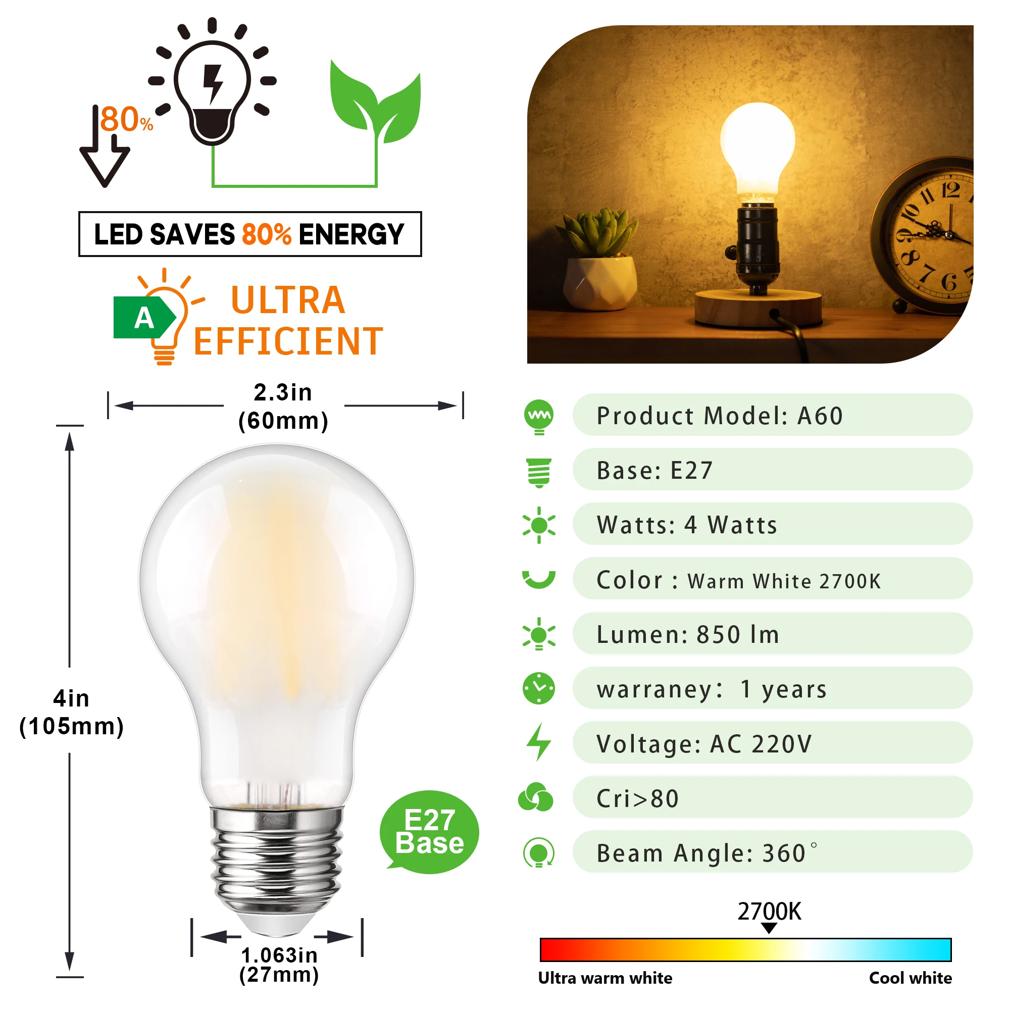 Lâmpada LED Edison Lustre, Geada Classe De Energia A + 4W, 850LM, Ampolas Brancas Quentes, Vintage Substituir, Luz Interior Retro, A60, E27, 220V