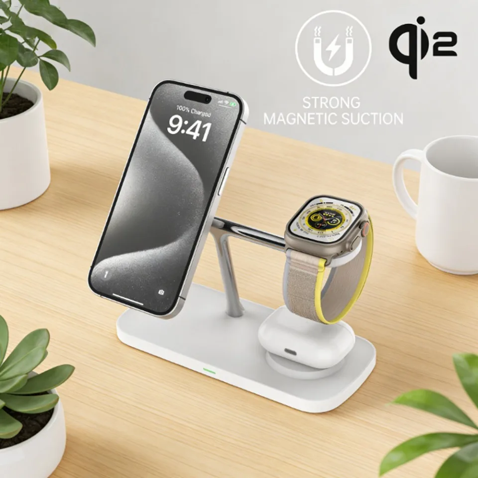 

Беспроводное магнитное зарядное устройство Qi2 3-в-1 с быстрой зарядкой 15 Вт и многоуровневой защитой для iPhone 12-17, Apple Watch, AirPods